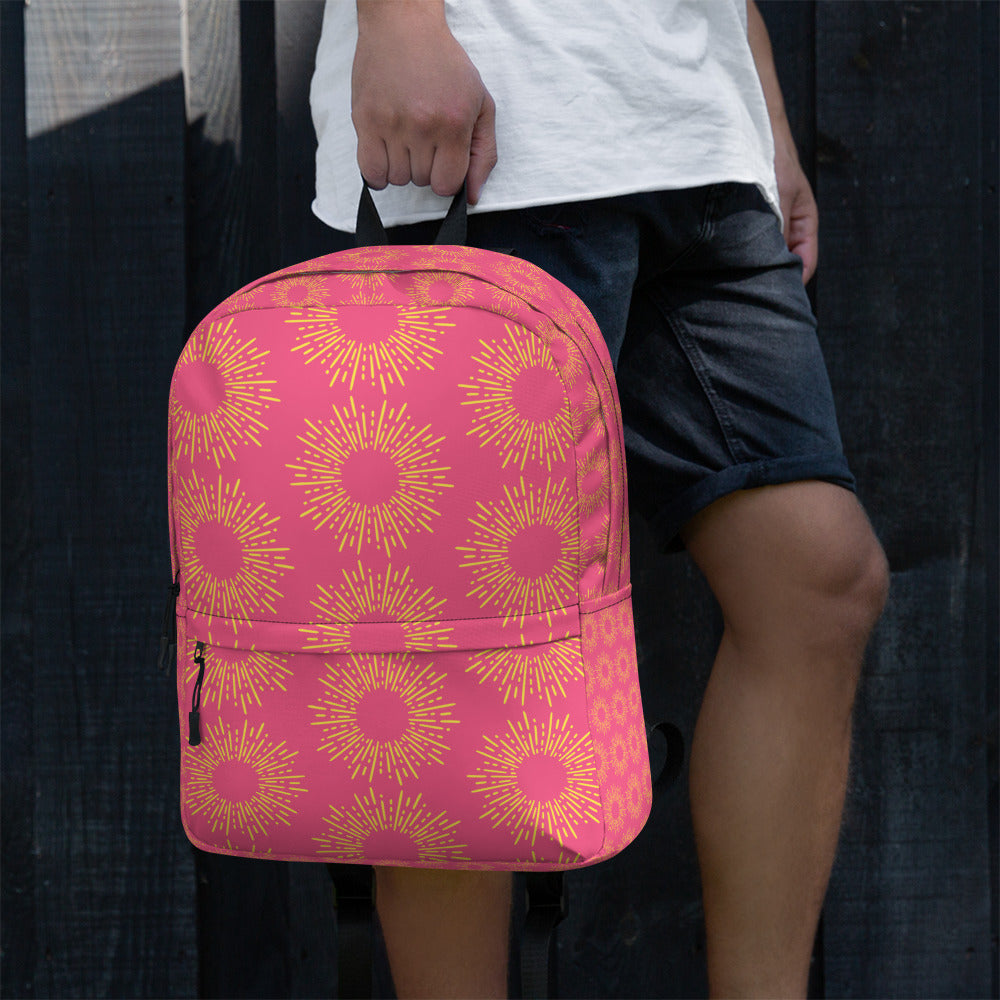 LuckeLadybug pink stylish backpack with sunburst pattern, ideal for school and casual outings