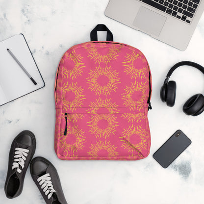 LuckeLadybug pink stylish backpack with a vibrant sunburst pattern, perfect for school or everyday use