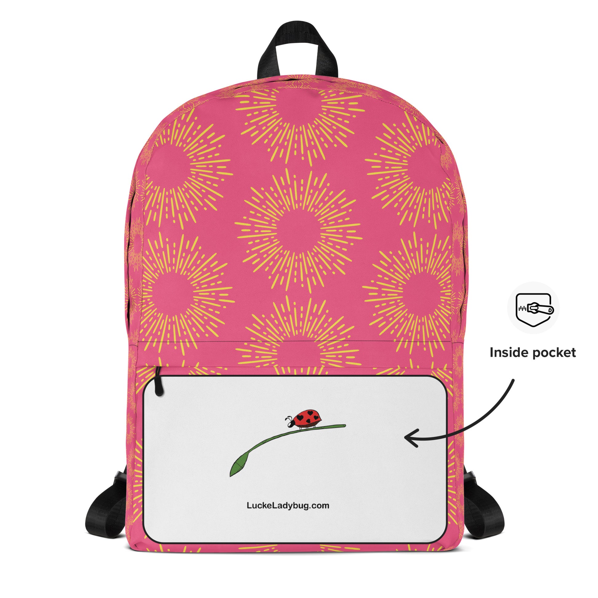LuckeLadybug pink stylish backpack with bright pattern and inside pocket for school or travel