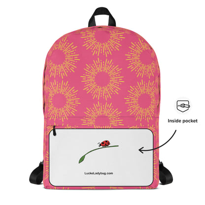 LuckeLadybug pink stylish backpack with bright pattern and inside pocket for school or travel