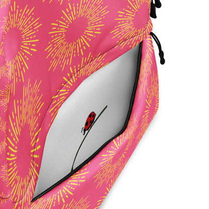 LuckeLadybug pink stylish backpack with vibrant yellow patterns and a cute ladybug design