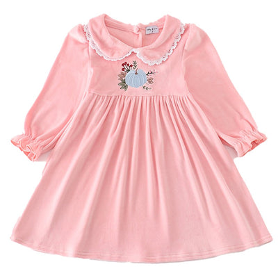 Adorable Pink Velvet Pumpkin Embroidery Dress For Your Little Pumpkin! - LuckeLadybug LLC