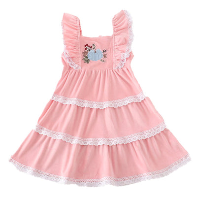 Adorable Pink Velvet Pumpkin Embroidery Tiered Dress For Stylish Babies & Toddlers - LuckeLadybug LLC