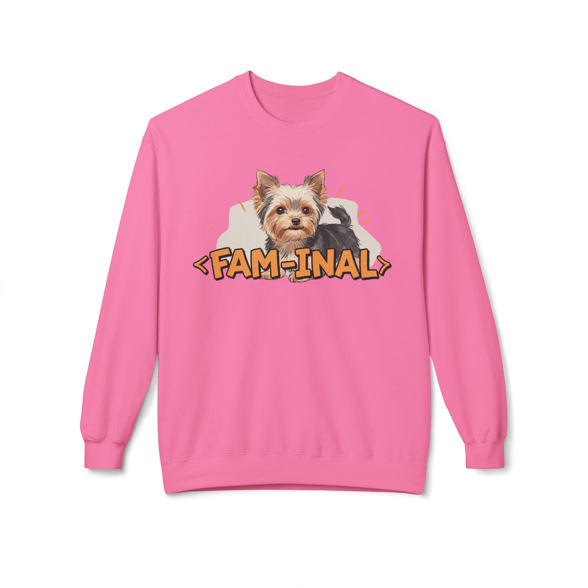 LuckeLadybug pink Yorkie dog lover sweatshirt with cute Yorkie illustration and Fam-Inal text