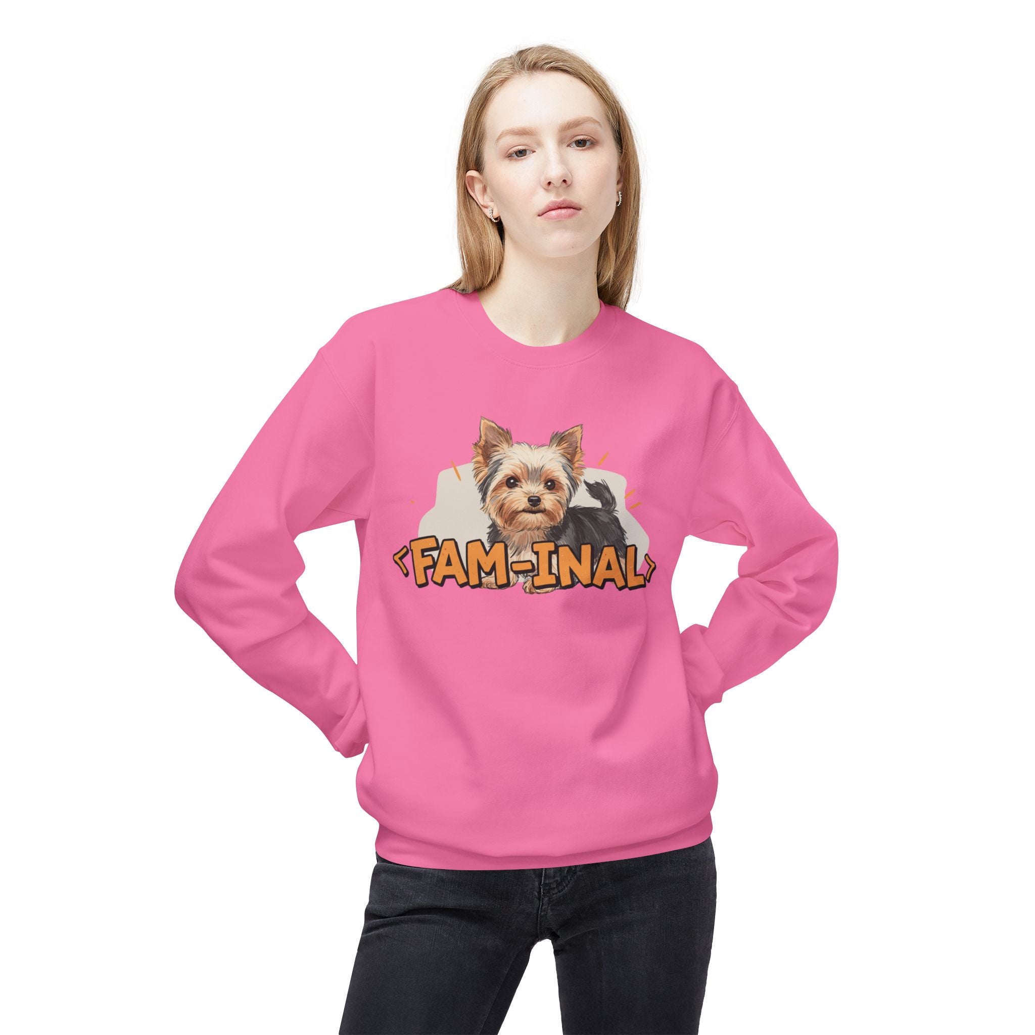 Pink Yorkie dog lover sweatshirt with cute Yorkie graphic and Fam-inal text worn by woman