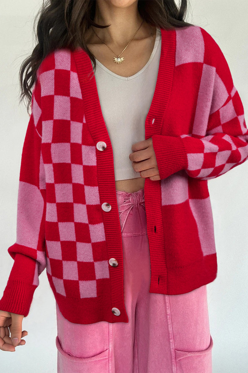 Plaid Cardigan in Red & Pink