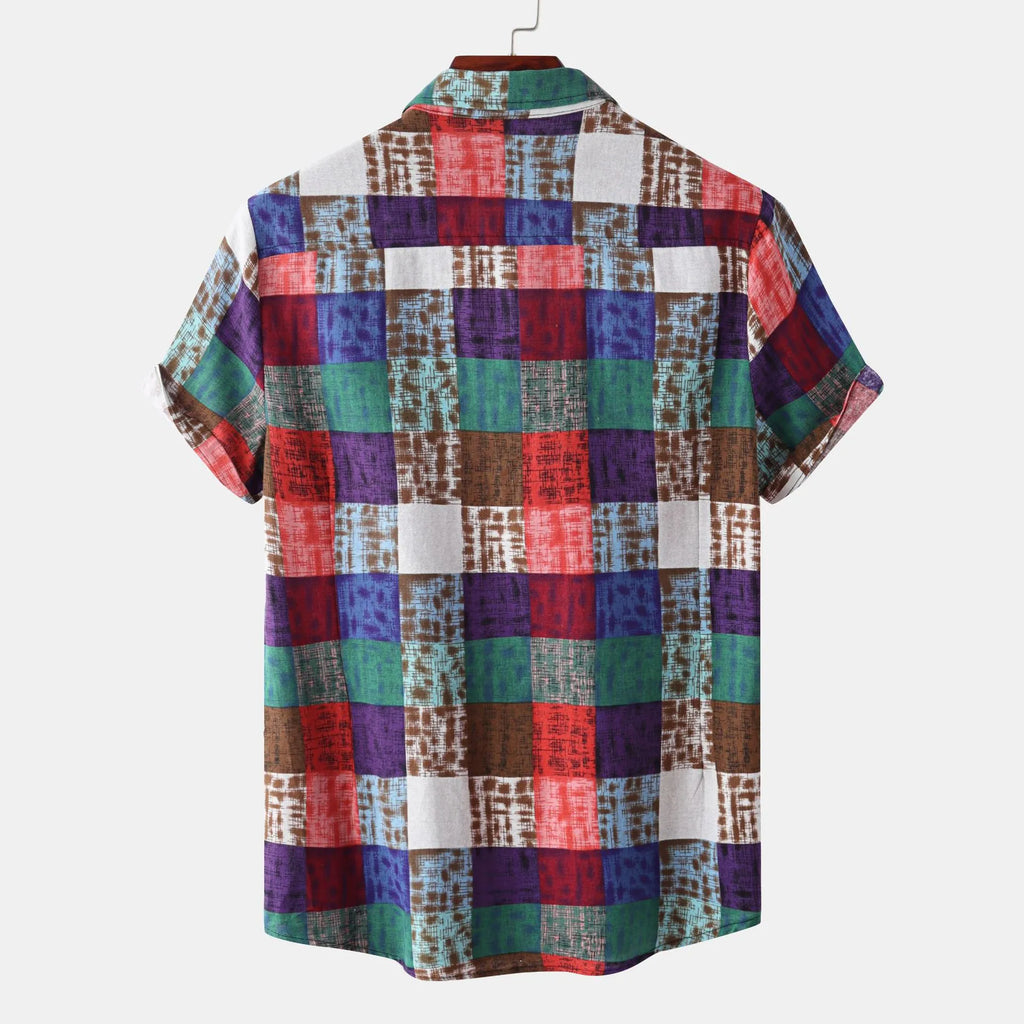 LuckeLadybug LLC Short Sleeve Button Up Plaid Shirt in Colorful Checkered Pattern