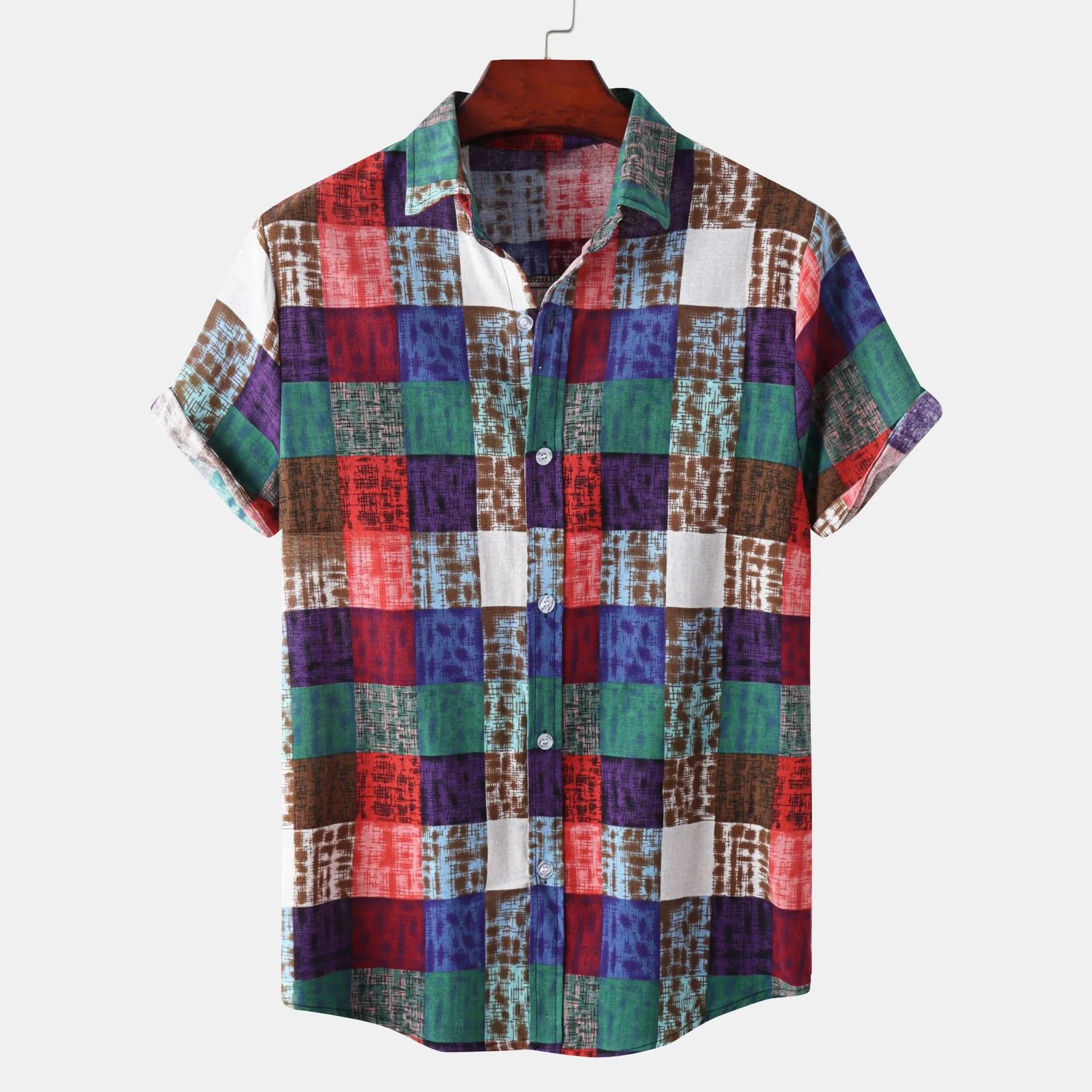 LuckeLadybug LLC Short Sleeve Plaid Shirt in Colorful Checkered Pattern for Casual Wear