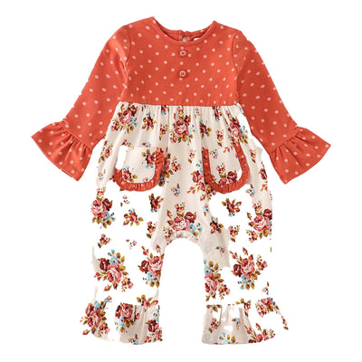 Platinum Rust Floral Dot Pocket Girl Romper