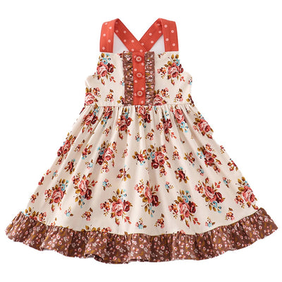 Adorable Platinum Rust Floral Print Apron Ruffle Dress For Stylish Babies & Toddlers - LuckeLadybug LLC