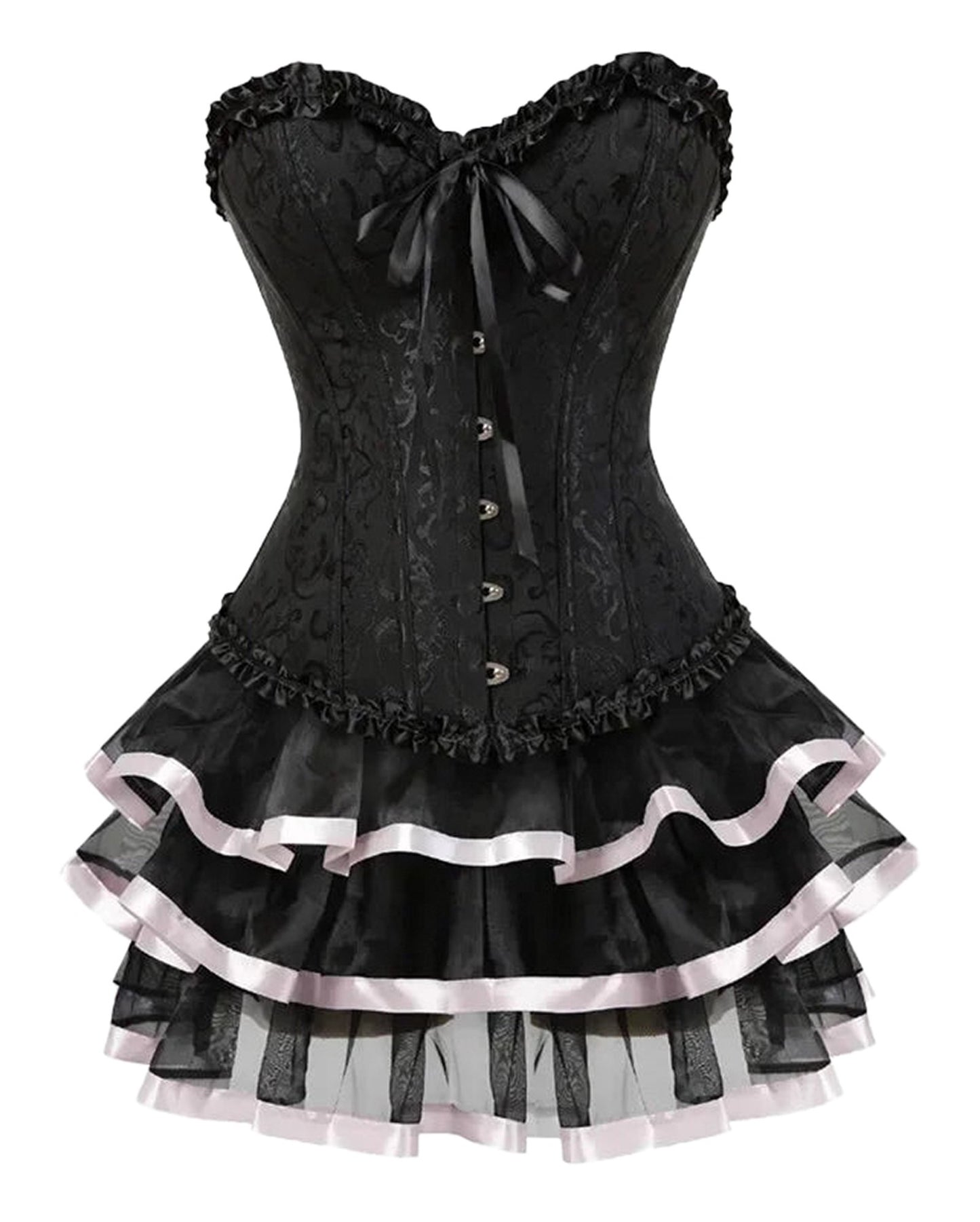 Elegant plus size burlesque corset set in black with layered ruffles and satin accents