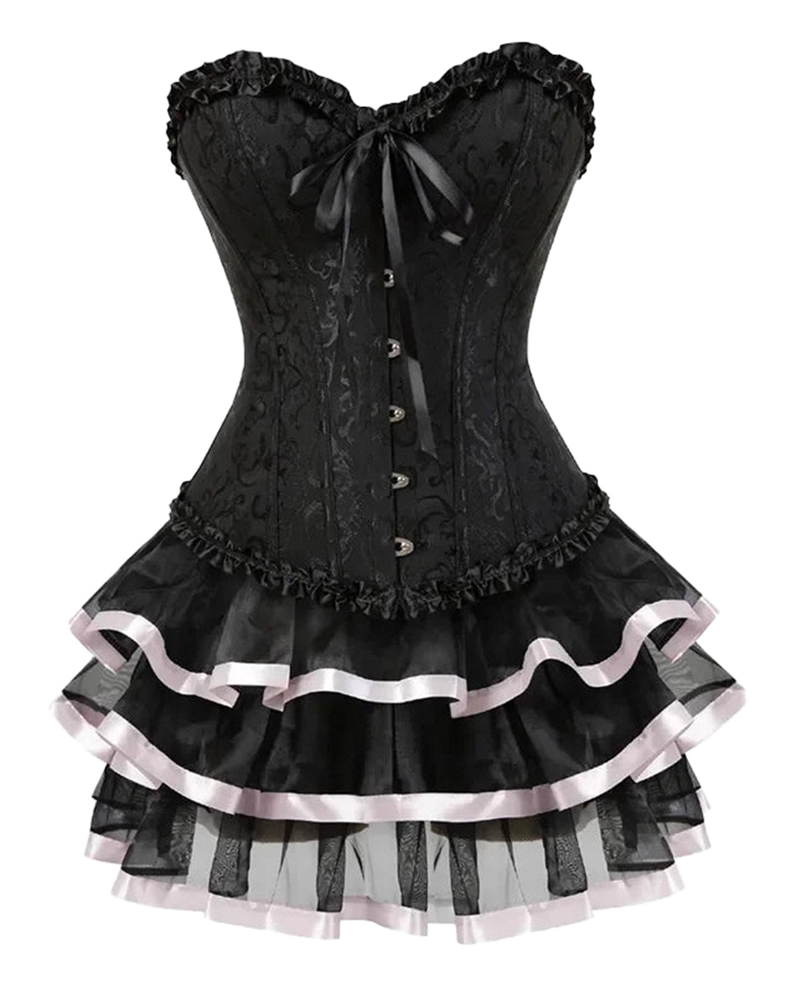 Elegant plus size burlesque corset set in black with layered ruffles and satin accents