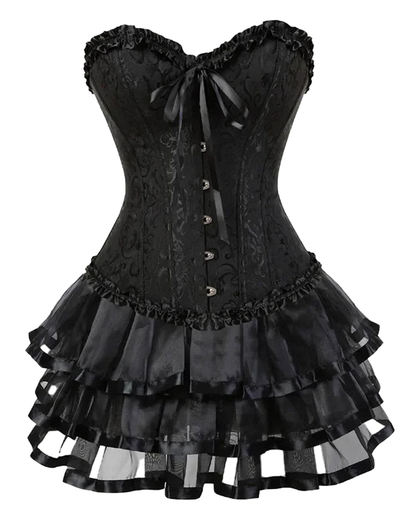 Elegant plus size burlesque corset set with black lace and ruffled skirt for alluring performance wear