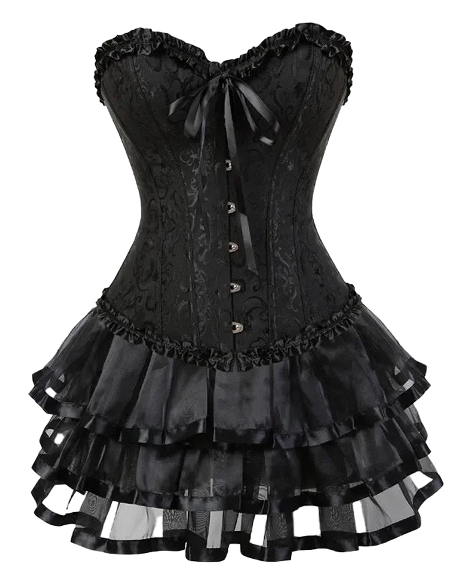 Elegant plus size burlesque corset set with black lace and ruffled skirt for alluring performance wear