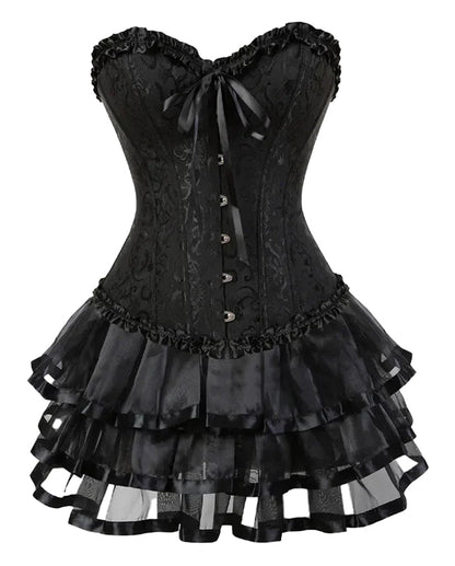 Elegant plus size burlesque corset set with black lace and ruffled skirt for alluring performance wear