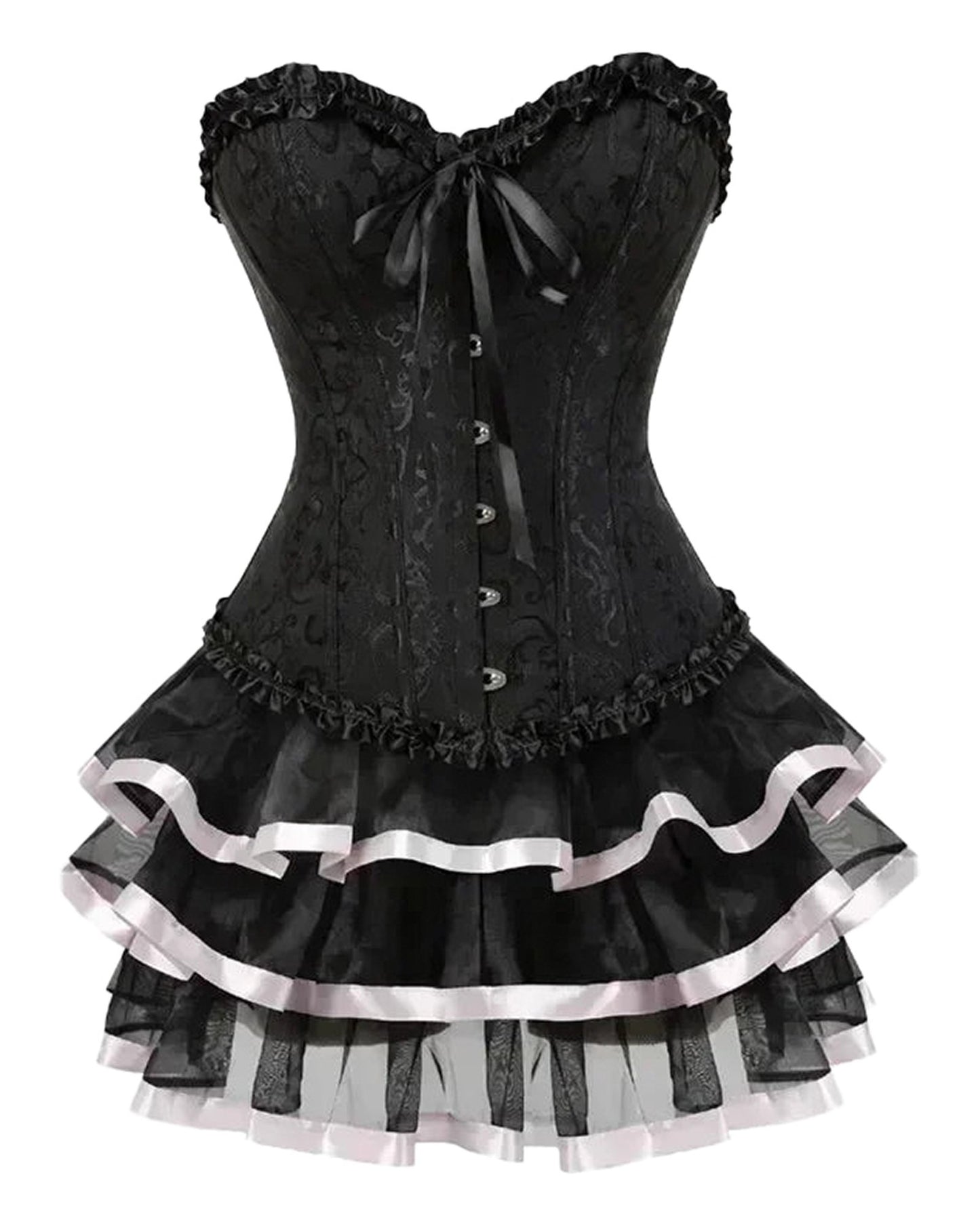 Black LuckeLadybug plus size burlesque corset set with ruffled layers and decorative buttons