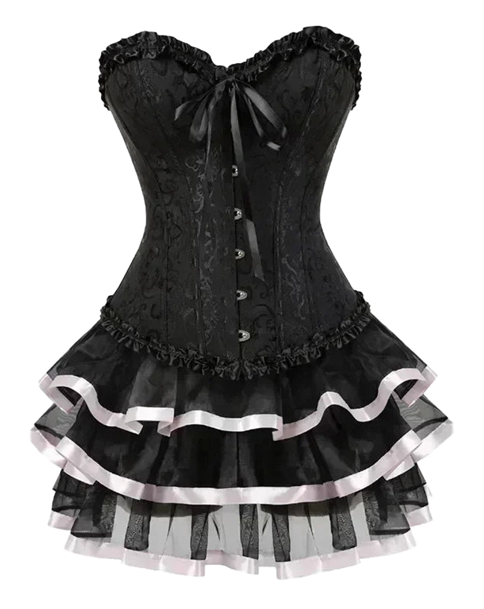 Black LuckeLadybug plus size burlesque corset set with ruffled layers and decorative buttons