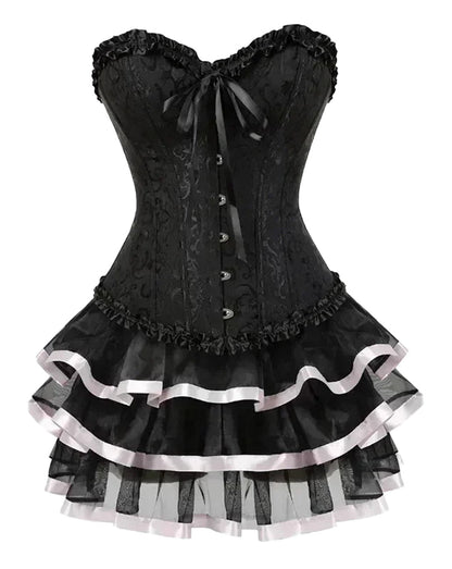 Black LuckeLadybug plus size burlesque corset set with ruffled layers and decorative buttons