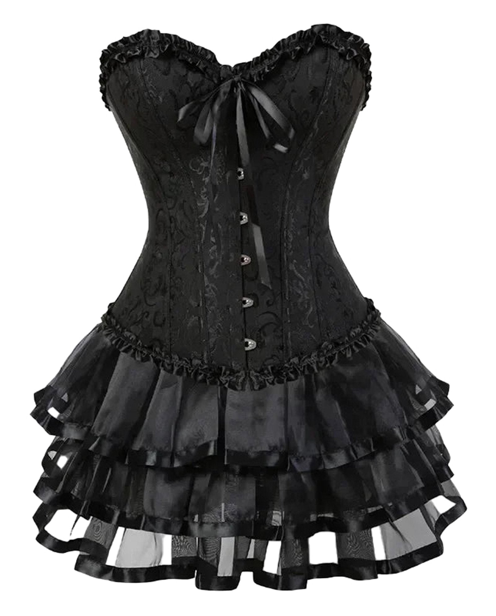 Black plus size burlesque corset set with ruffled skirt and lace details for a glamorous look