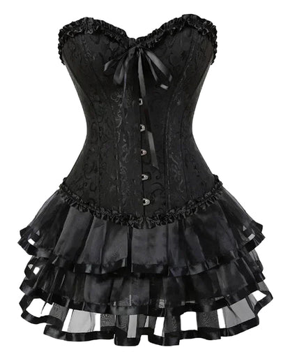 Black plus size burlesque corset set with ruffled skirt and lace details for a glamorous look