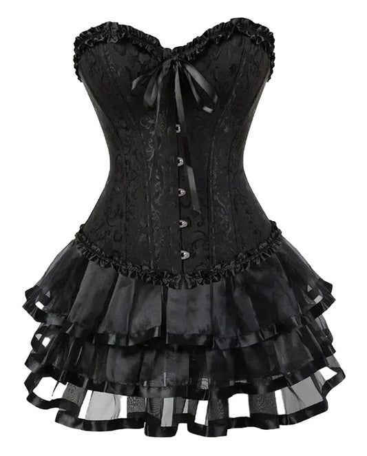 Black plus size burlesque corset set with ruffled skirt and lace details for a glamorous look