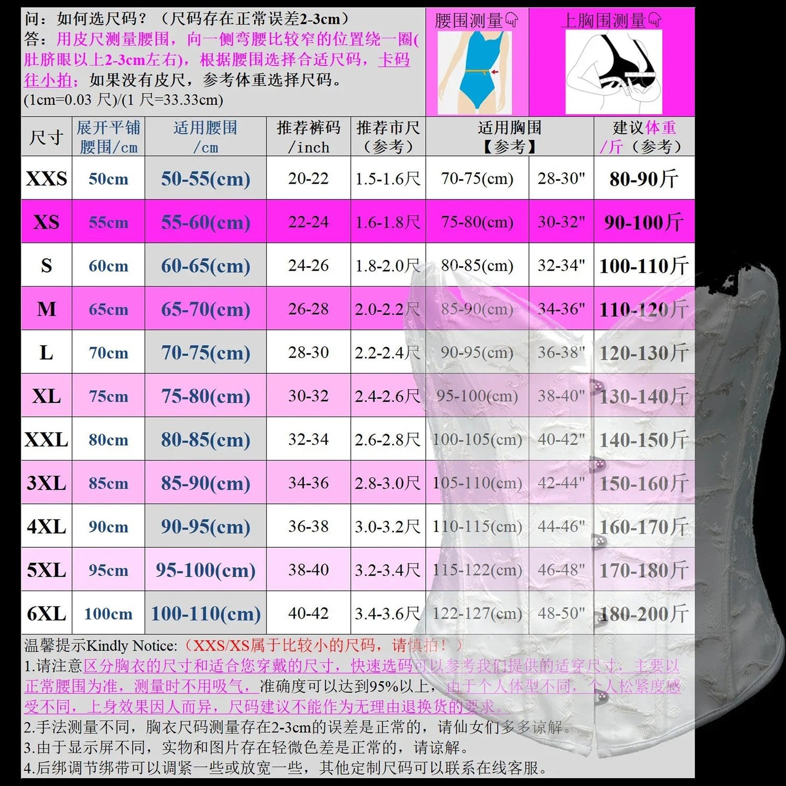 Size chart for plus size burlesque corset set with measurements for different sizes from XXS to 6XL