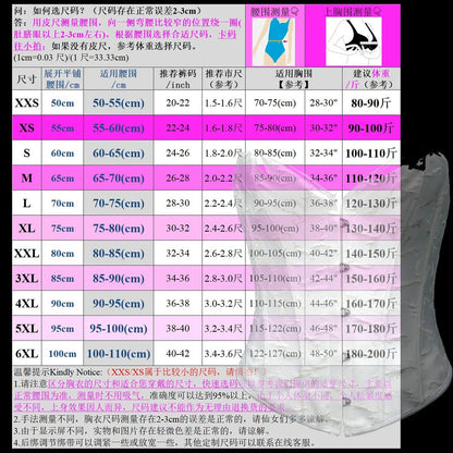 Size chart for plus size burlesque corset set with measurements for different sizes from XXS to 6XL