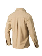 LuckeLadybug LLC Plus Size Clothing for Women's Button Up Shirt in Tan with Stylish Back Design