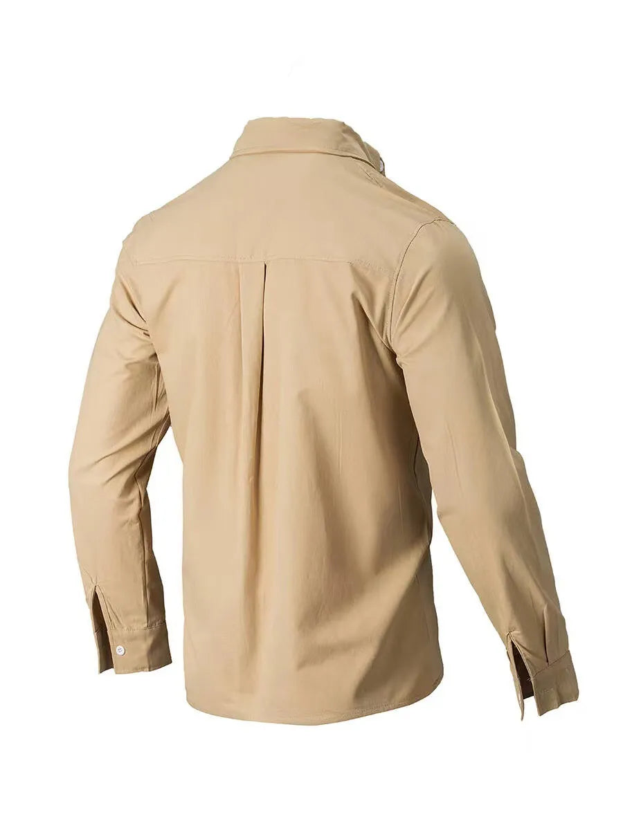 LuckeLadybug LLC Plus Size Clothing for Women's Button Up Shirt in Tan with Stylish Back Design