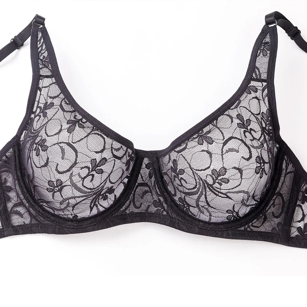 LuckeLadybug LLC Black Underwire Bra with Floral Lace Sheer Design for plus size clothing for women's
