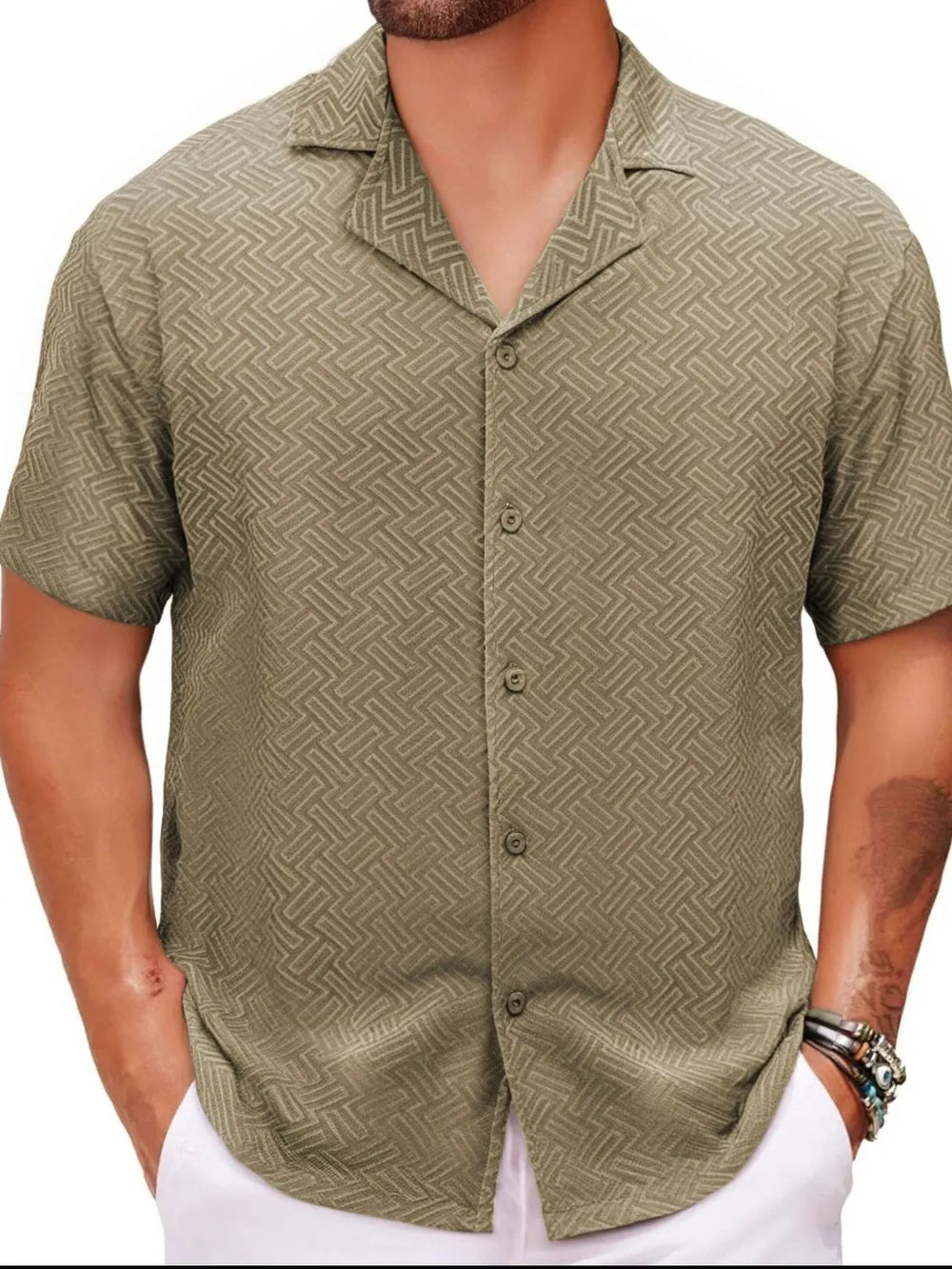 LuckeLadybug LLC Plus Size Button Up Shirt in Olive Green with Geometric Pattern for plus size clothing for women's