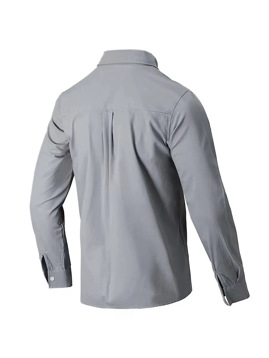Back view of gray button-up shirt, perfect for plus size clothing for women's stylish outfits