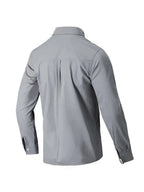 Back view of gray button-up shirt, perfect for plus size clothing for women's stylish outfits