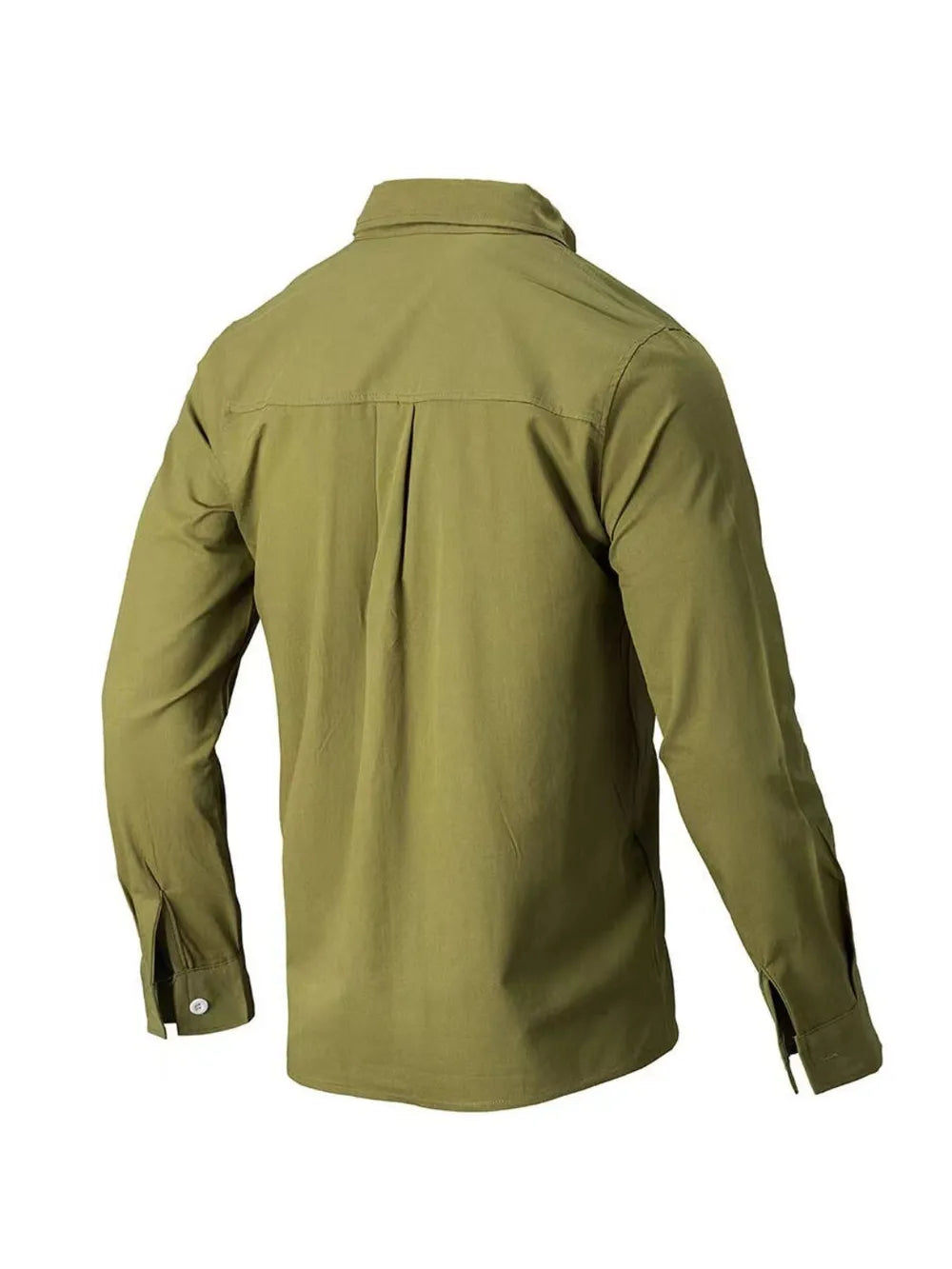 Back view of olive green button-up shirt, part of plus size clothing for women's collection by LuckeLadybug LLC