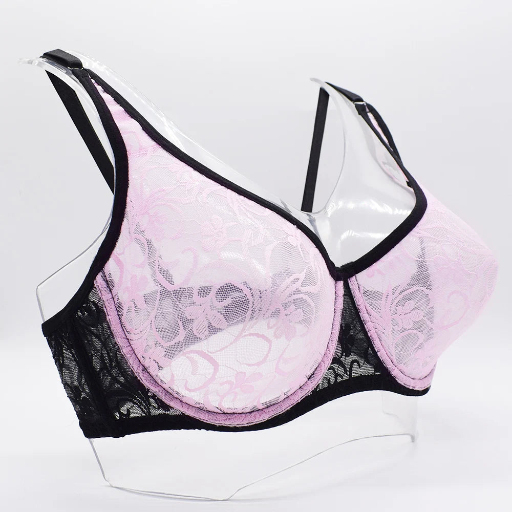 LuckeLadybug LLC Underwire Bra in Pink and Black Lace, perfect for plus size clothing for women's comfort and style