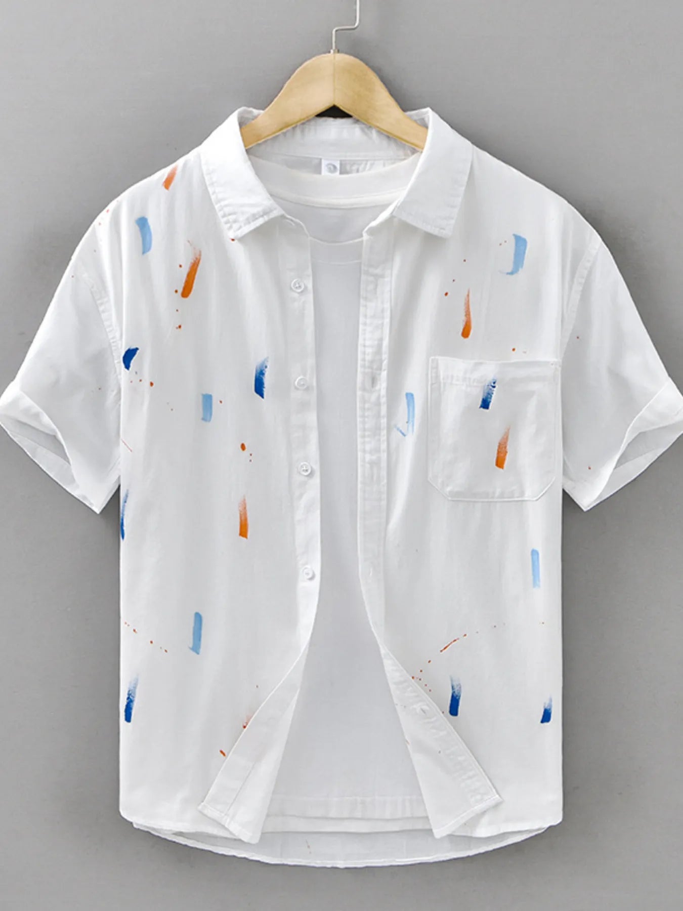 LuckeLadybug LLC Button Up Shirt in White with Colorful Patterns for plus size clothing for women's