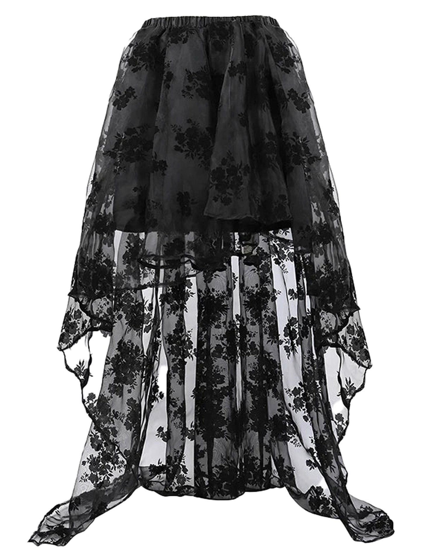 Elegant black plus size corset dress for women with floral lace overlay and layered design