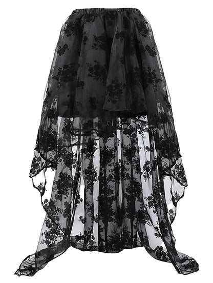 Elegant black plus size corset dress for women with floral lace overlay and layered design