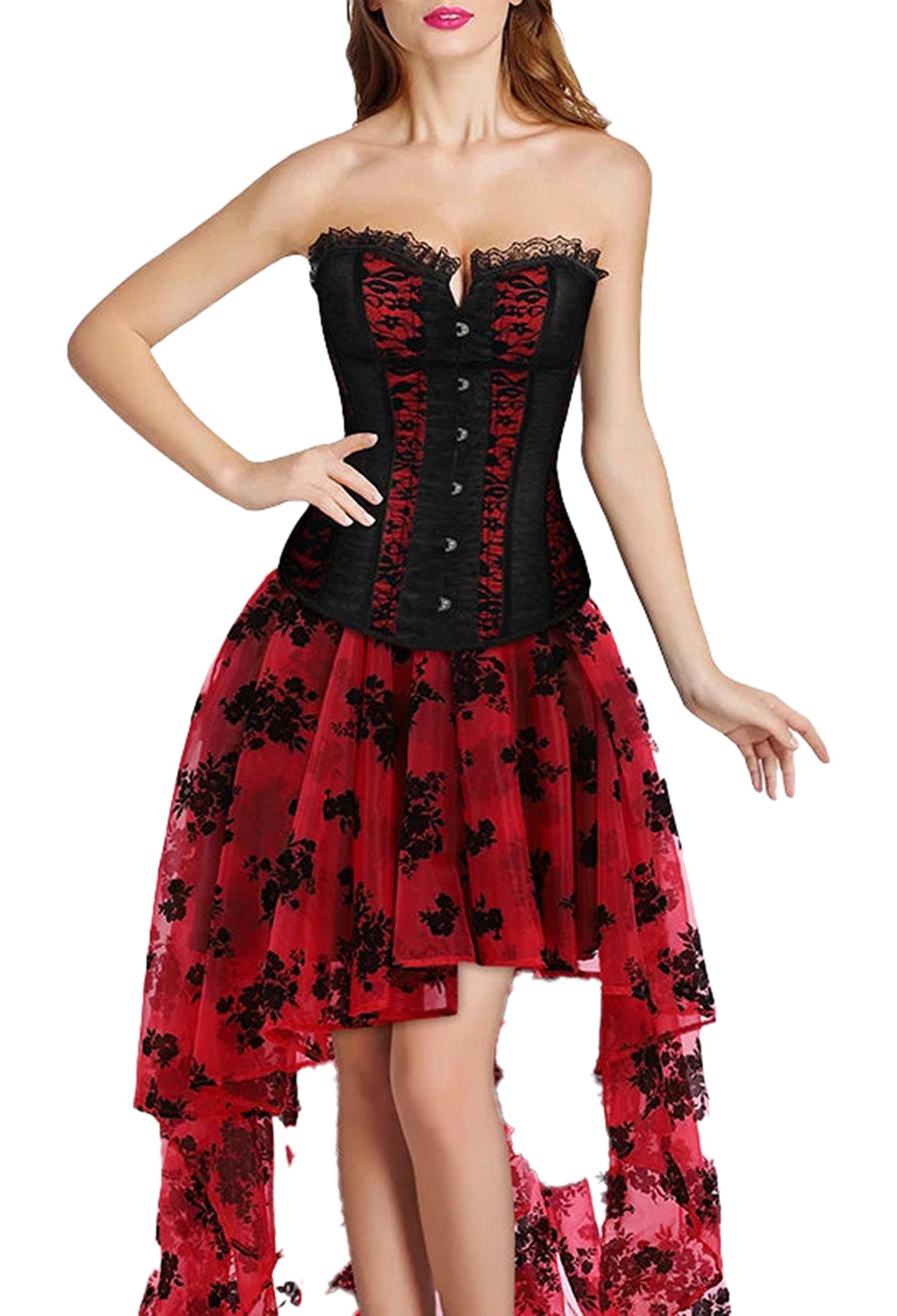 Elegant plus size corset dress for women with a black corset top and red floral tulle skirt