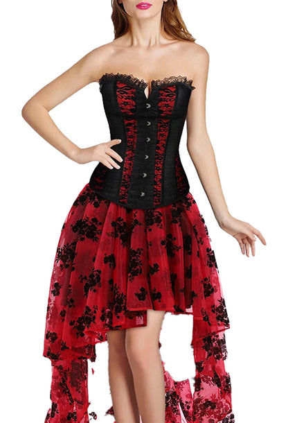 Elegant plus size corset dress for women with a black corset top and red floral tulle skirt