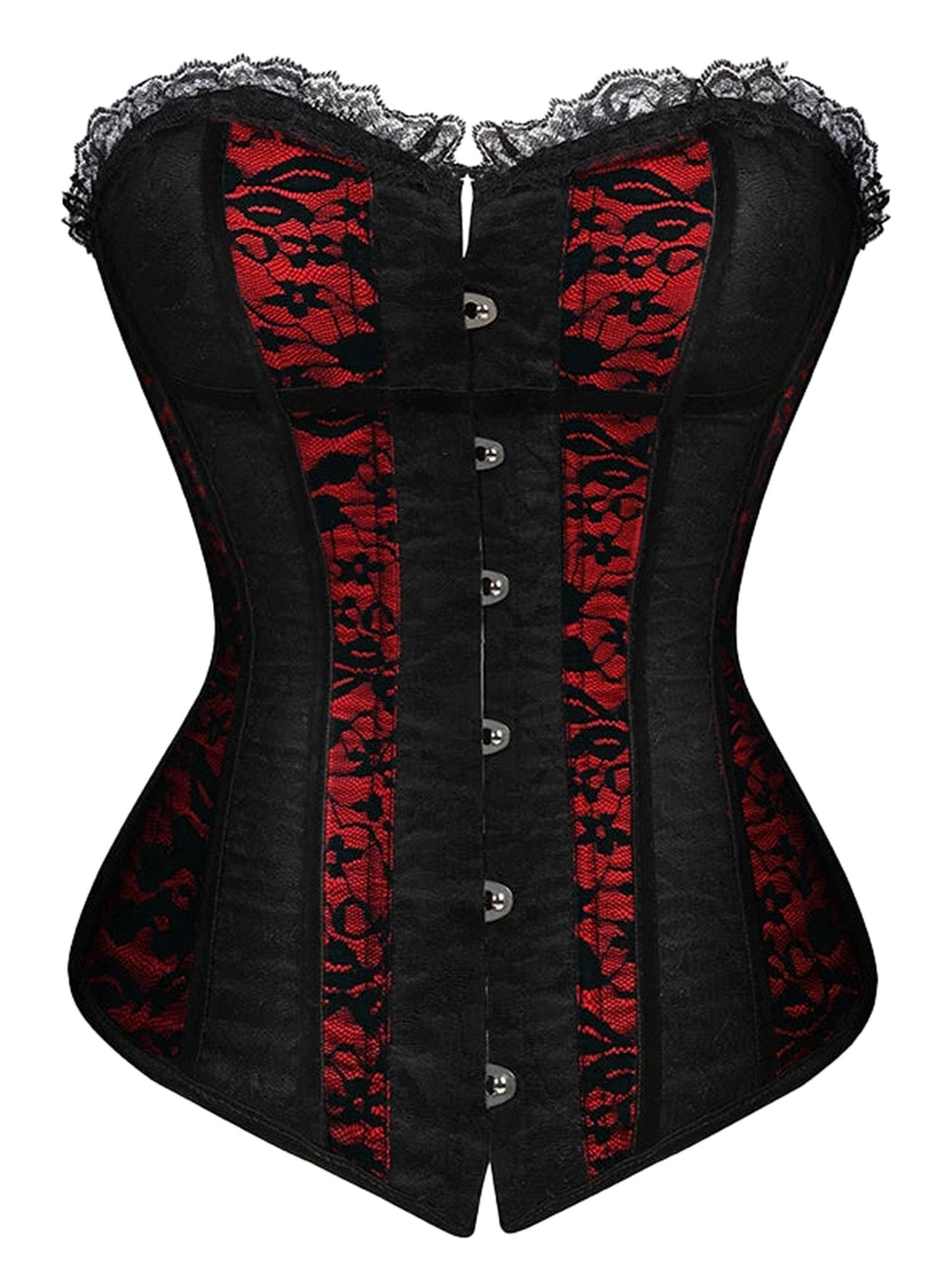 Elegant plus size corset dress for women featuring lace details and button closure in red and black