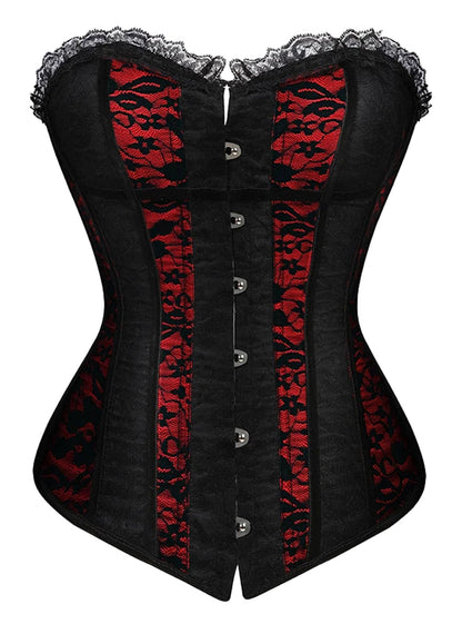 Elegant plus size corset dress for women featuring lace details and button closure in red and black