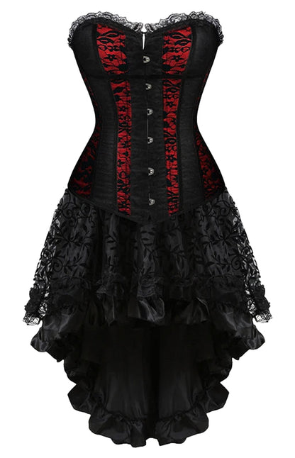Elegant black and red plus size corset dress for women with lace accents and ruffled hemline