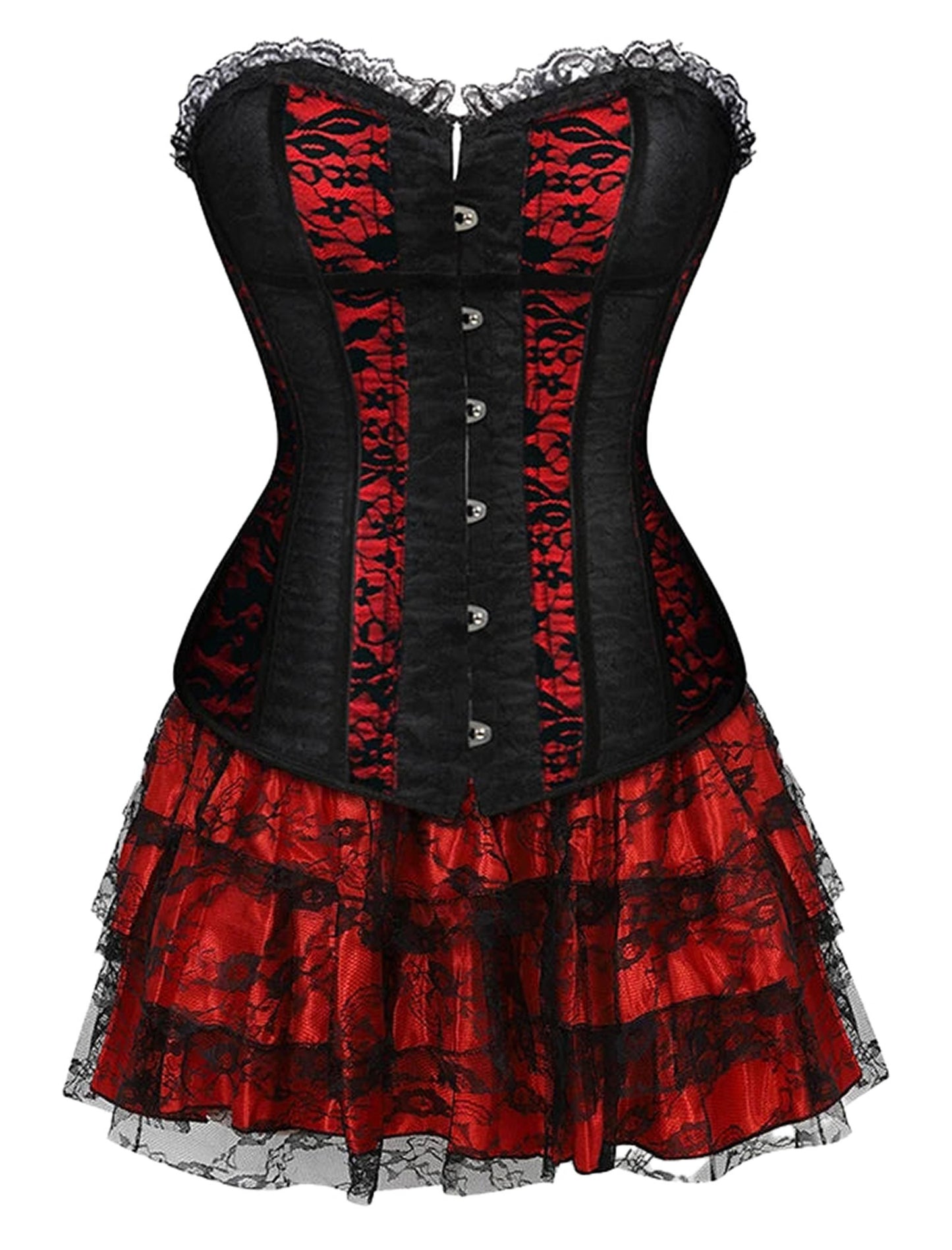 Plus size corset dress for women featuring black and red lace with ruffled skirt details