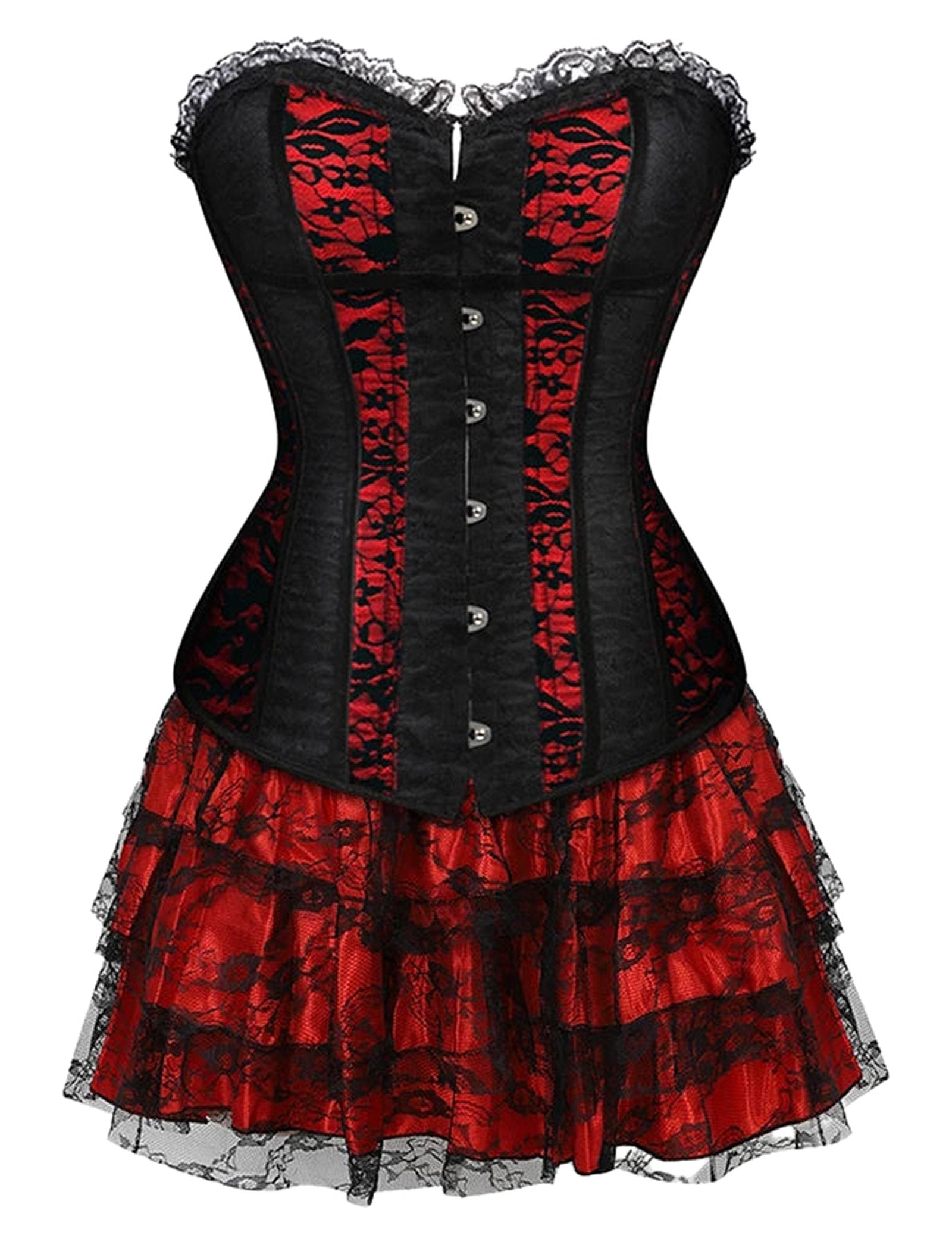 Plus size corset dress for women featuring black and red lace with ruffled skirt details