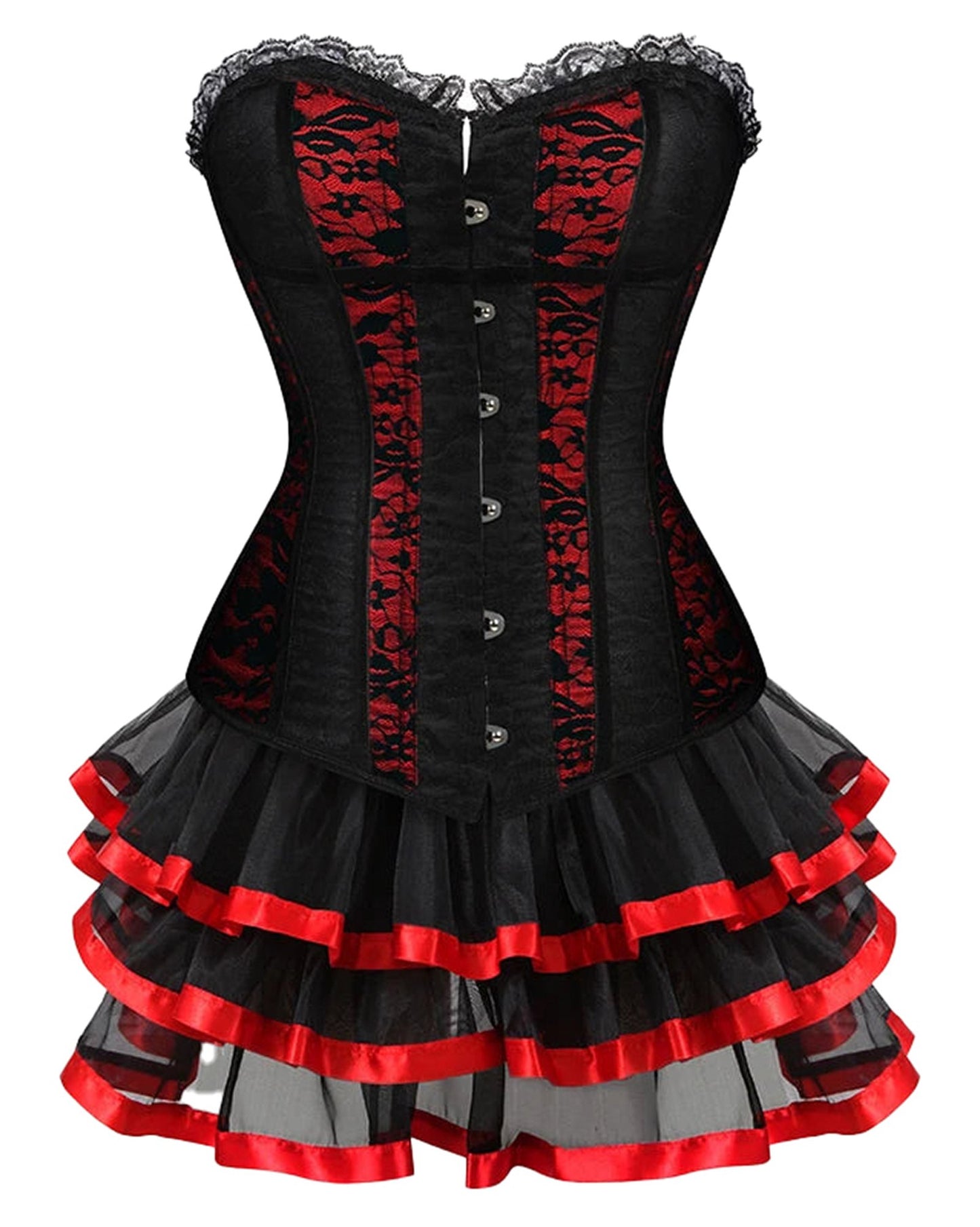 Plus size corset dress for women with black and red lace detailing and layered ruffle skirt