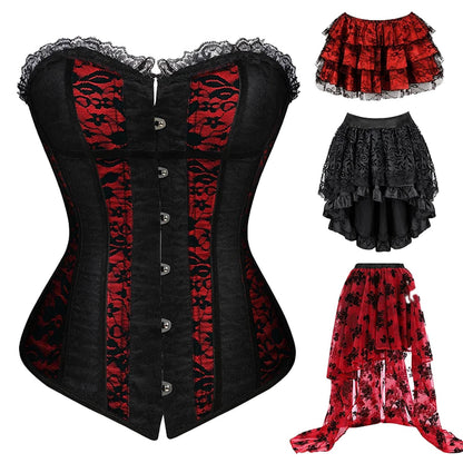 Stylish plus size corset dress for women featuring a black and red lace design and ruffled layers