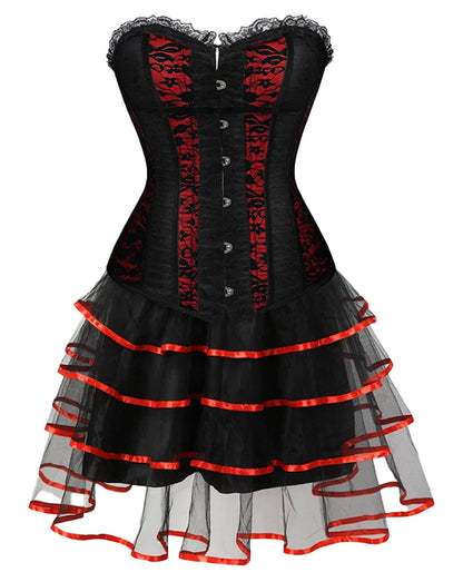 Black and red plus size corset dress for women with lace detailing and layered tulle skirt