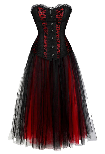 Plus size corset dress for women featuring a black and red tulle skirt and lace detailing