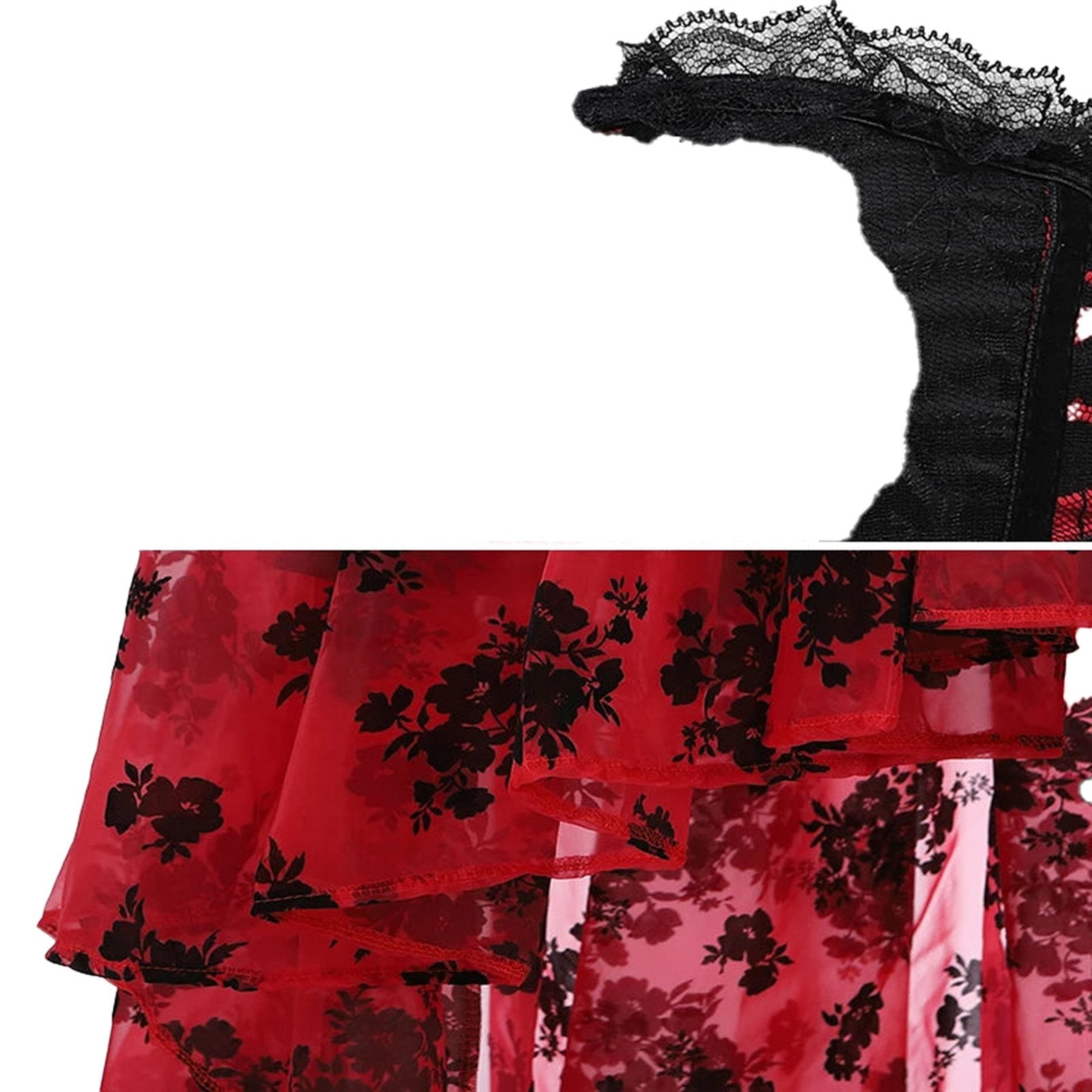 Elegant plus size corset dress for women in red with floral overlay and lace accents